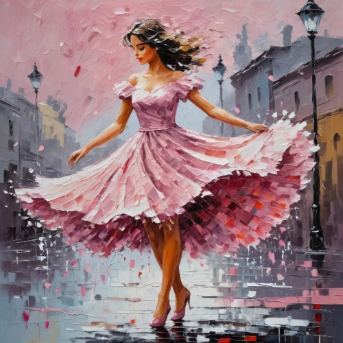 cherry blossom in the rain,walking in the rain,flamenca,ballerina girl,in the rain,girl walking away,flamenco,ballerina,lluvia,woman walking,rainswept,little girl twirling,contradanza,rainfall,martindell,a girl in a dress,little girl in wind,twirling,principessa,dance with canvases,Conceptual Art,Oil color,Oil Color 10