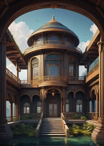 water palace,house of the sea,dorne,waterhouses,naboo,atlantis,asian architecture,the golden pavilion,kunplome,bathhouse,ancient house,artemis temple,summer palace,citadels,imperial shores,mansion,theed,yamatai,golden pavilion,mansions,Conceptual Art,Fantasy,Fantasy 17