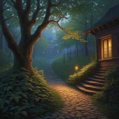 house in the forest,forest path,wooden path,home landscape,the threshold of the house,lonely house,forest landscape,fantasy picture,forest house,cartoon video game background,night scene,pathway,summer cottage,evening atmosphere,forest background,the mystical path,little house,cottage,landscape background,world digital painting,Illustration,Realistic Fantasy,Realistic Fantasy 27