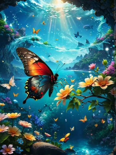 butterfly background,underwater background,butterfly swimming,mermaid background,underwater landscape,underwater oasis,ulysses butterfly,aquarium,blue butterfly background,underwater fish,ocean background,underwater world,fantasy picture,rainbowfish,seaquarium,koi pond,nature background,beautiful fish,fish in water,tropical butterfly,Photography,General,Fantasy