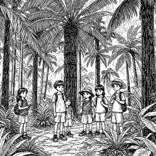palm forest,coconut trees,palm garden,happy children playing in the forest,tropical forest,philodendrons,palmtrees,palmtops,rainforest,palms,coconut palms,island residents,island group,forest workers,palm branches,royal palms,palm trees,banyan,tree grove,banana trees,Design Sketch,Design Sketch,Black and white Comic