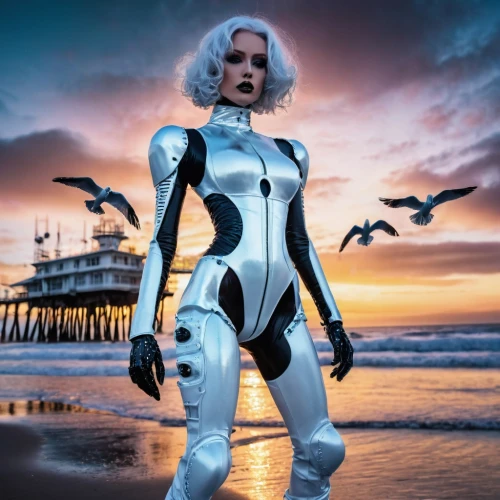 kerli,fembot,cyberdog,liara,cyberangels,bodypaint,cosplay image,birds of prey-night,silver seagull,bodypainting,santa monica pier,catsuit,sci fi,catsuits,femforce,kelp gull,quicksilver,aviatrix,santa monica,afrofuturism,Illustration,Realistic Fantasy,Realistic Fantasy 47