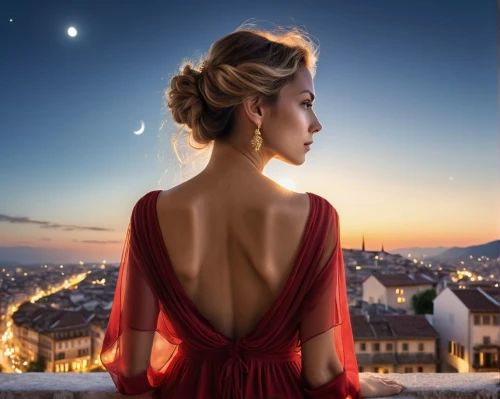 paris clip art,girl in red dress,nightdress,moon and star background,man in red dress,paris balcony,french digital background,romantic portrait,photo manipulation,girl in a long dress from the back,romantic look,red gown,girl in a long dress,image manipulation,magicienne,cosmogirl,evening dress,analemma,photoshop manipulation,rome night,Photography,General,Realistic