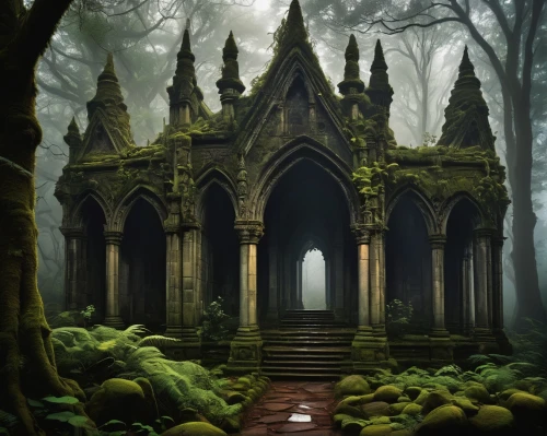 forest chapel,haunted cathedral,mausoleum ruins,witch's house,witch house,hall of the fallen,crypts,house in the forest,necropolis,abandoned place,ghost castle,old graveyard,graveyards,ruins,sepulchres,forest cemetery,sunken church,mausolea,graveyard,lost place,Illustration,Realistic Fantasy,Realistic Fantasy 34