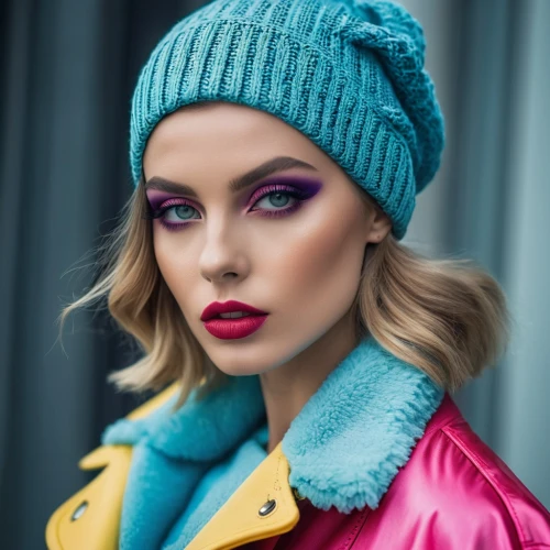beret,perrie,turquoise wool,neon makeup,chorkina,intense colours,vintage makeup,girl wearing hat,vibrant color,ginta,color turquoise,ilinka,evgenia,fashion doll,polina,kuzmina,yulia,beanie,teal,winter hat,Photography,General,Realistic