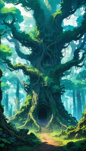 yggdrasil,forest tree,cartoon video game background,ents,magic tree,elven forest,cartoon forest,fairy forest,tree grove,oak,fir forest,tree of life,mirkwood,enchanted forest,oak tree,forest background,forest,arboreal,the forest,holy forest,Illustration,Japanese style,Japanese Style 03