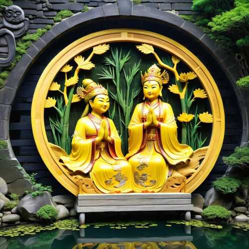 palyul,golden lotus flowers,buddhas,amitabha,dharma wheel,tsongkhapa,lotus with hands,nembutsu,golden buddha,lotus pond,the golden pavilion,bodhisattvas,sanshui,wesak,kuangyin,avalokitesvara,golden pavilion,garden statues,prajnaparamita,chengdu,Unique,3D,3D Character