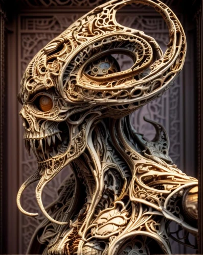 nyarlathotep,door knocker,illithid,wrought,scrap sculpture,skeletonized,xenomorph,png sculpture,vecna,serpent,medusa gorgon,gorgon,carved wood,cthulhu,filigree,lictor,fractalius,ahriman,hastur,azathoth