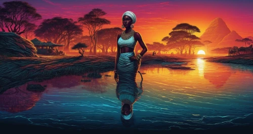 world digital painting,fantasy picture,inanna,akhnaten,afrofuturism,ennead,nile,fantasy art,sundancer,dubbeldam,kemet,karakas,morrowind,acid lake,asherah,lagoon,sci fiction illustration,dead vlei,dreamfall,surrealism,Illustration,Realistic Fantasy,Realistic Fantasy 25