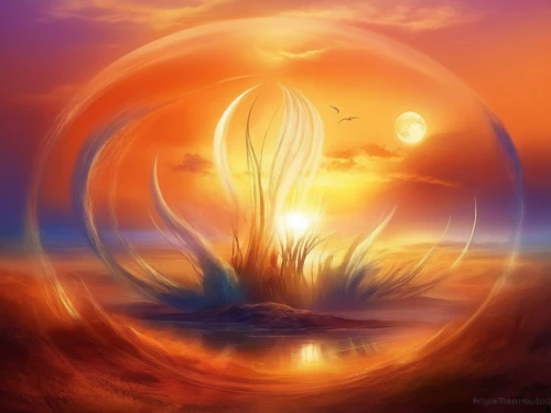 silmarils,silmarillion,earth chakra,fireheart,whirlwinds,shenlong,sun moon,gallifrey,goldmoon,swirly orb,valinor,pilgrim shell,world digital painting,fire planet,crown chakra,water lotus,firefall,sunburst background,golden sun,sundancer,Illustration,Realistic Fantasy,Realistic Fantasy 01