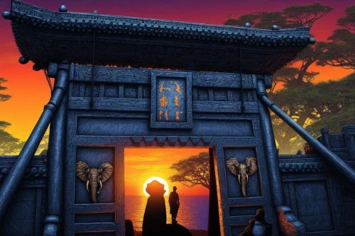 japanese shrine,victory gate,dusk background,dojo,house silhouette,shrine,temple,ancient house,dusk,temples,tori gate,buddhist temple,village gateway,asian architecture,cartoon video game background,sanctum,mausoleum ruins,city gate,khandaq,ancient city,Illustration,Realistic Fantasy,Realistic Fantasy 25