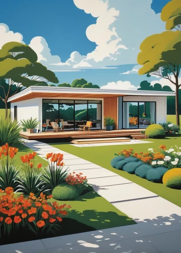 mid century house,mid century modern,midcentury,neutra,mid century,eichler,home landscape,bungalows,suburbanized,sunroom,bungalow,holiday home,landscaped,suburbs,tropical house,sheeler,bluemner,florida home,conservatory,carport,Illustration,Vector,Vector 13