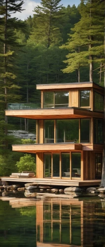 house with lake,house by the water,houseboat,boat house,mid century house,timber house,floating huts,deckhouse,boathouse,forest house,wooden house,houseboats,snohetta,mid century modern,stilt house,house in the forest,log home,forest lake,prefab,floating over lake,Illustration,Realistic Fantasy,Realistic Fantasy 45