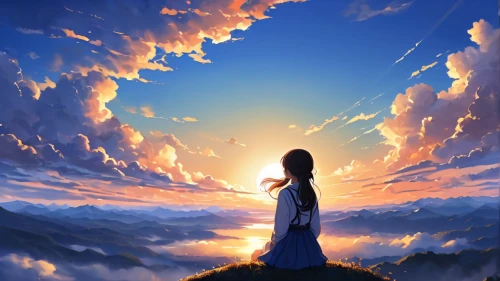 heavenward,awakening,sky,daybreak,silhouette against the sky,heavenly ladder,sun ray,woman silhouette,bright sun,dreamscape,cielo,sunrays,fantasy picture,mystical portrait of a girl,sunray,radiance,inner light,dreamscapes,ascential,awakened,Illustration,Japanese style,Japanese Style 09