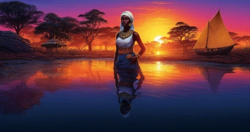 felucca,morrowind,candomble,kemet,nile,afar tribe,imhotep,maliana,african art,teferi,african woman,nubian,impa,nubia,ennead,ahsoka,nile river,sadu,akhnaten,umoja,Illustration,Realistic Fantasy,Realistic Fantasy 25