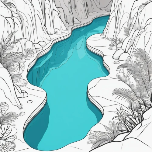blue cave,blue caves,meanders,watersheds,canyon,glacial melt,riverbed,riverbeds,moraine,gorges,mountain spring,glacial lake,karst landscape,canyons,the blue caves,water courses,glacier,a small waterfall,ravine,a river,Illustration,Black and White,Black and White 04