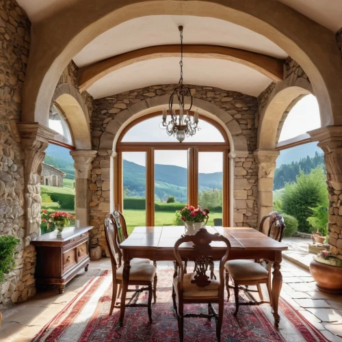 loggia,breakfast room,tuscan,vaulted ceiling,casabella,inglenook,lefay,beautiful home,cochere,archways,dining room,home interior,tuscany,agritubel,villa balbianello,french windows,south tyrol,house in the mountains,interior decor,luxury property,Photography,General,Realistic