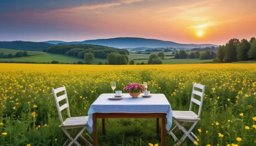 chair in field,table setting,outdoor dining,romantic dinner,place setting,outdoor table and chairs,table arrangement,meadow landscape,field of rapeseeds,landscape background,tablescape,background view nature,alfresco,nature background,spring background,red tablecloth,springtime background,sweet table,picnic table,garden dinner,Photography,General,Realistic