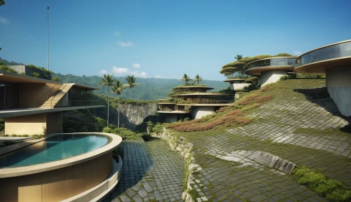 fallingwater,terraformed,seidler,arcology,futuristic architecture,repopulation,roof landscape,tanoa,ecotopia,seasteading,cryengine,biomes,dunes house,ravines,streamwood,amanresorts,ecovillages,terraforming,floating islands,cantilevers,Photography,General,Realistic