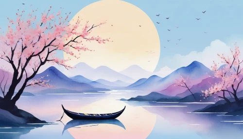 boat landscape,landscape background,evening lake,calm water,watercolor background,tranquility,river landscape,fantasy landscape,serenity,canoeing,sailboat,world digital painting,digital painting,mountainlake,serene,water lotus,nature background,dragon boat,calm waters,mountain lake,Illustration,Paper based,Paper Based 07