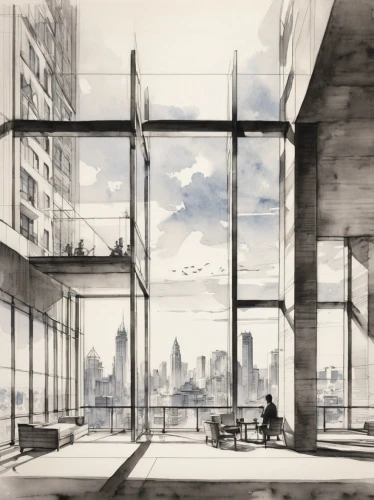 mies,unbuilt,skyways,crittall,glass building,city scape,skyscraping,sky apartment,oscorp,arcology,cityview,skybridge,cityscapes,bunshaft,glass wall,roughs,highrises,skywalks,layouts,citycell,Illustration,Paper based,Paper Based 30