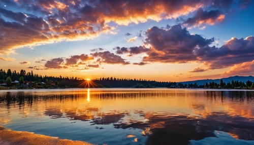 incredible sunset over the lake,evening lake,heaven lake,beautiful lake,alpine lake,water reflection,sun reflection,mountainlake,windows wallpaper,beautiful landscape,reflection in water,mountain lake,forest lake,medicine lake,nature wallpaper,reflections in water,snake river lakes,full hd wallpaper,volcanic lake,splendid colors,Photography,General,Realistic