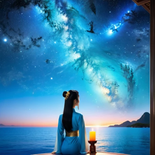 starry sky,fantasy picture,moon and star background,astronomy,the night sky,milky way,starry night,night sky,reiki,dreamscapes,japan's three great night views,oneness,the milky way,dreamtime,dreamscape,sea night,ocean background,spiritual environment,stargazer,hanfu,Conceptual Art,Sci-Fi,Sci-Fi 04