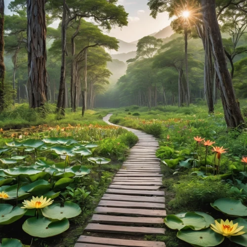 the mystical path,lotus pond,lily pads,lily pond,pathway,wooden path,lotus on pond,nature wallpaper,forest path,water lilies,lotus flowers,white water lilies,the way of nature,hiking path,waterlilies,the path,aaaa,wooden bridge,nature landscape,waterlily,Photography,General,Realistic