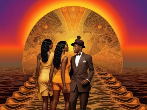 kemet,afrofuturism,roaring twenties couple,golden weddings,elopement,loving couple sunrise,black couple,eclipsed,sekhmet,vintage couple silhouette,man and woman,man and wife,burning man,solar plexus chakra,tassili n'ajjer,pharaonic,two people,ptah,nyarlathotep,qabalah,Illustration,Realistic Fantasy,Realistic Fantasy 21