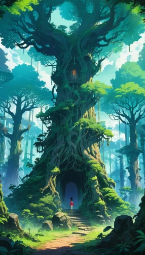 fairy forest,forest tree,yggdrasil,mushroom landscape,the forest,elven forest,forest,magic tree,forest background,holy forest,enchanted forest,ents,cartoon forest,the forests,cartoon video game background,fairy house,tree grove,haunted forest,forest glade,forests,Illustration,Japanese style,Japanese Style 03
