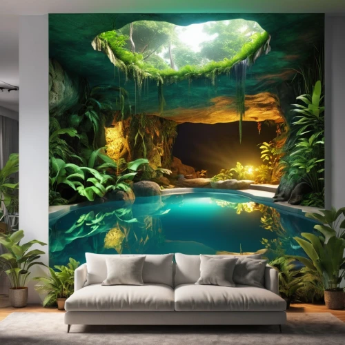 underwater oasis,cave on the water,underwater landscape,underwater playground,aquarium,fish tank,water sofa,tropical jungle,underwater background,great room,aquariums,marine tank,tropical house,3d fantasy,wall decoration,interior design,beautiful home,koi pond,tropica,green waterfall,Photography,General,Realistic