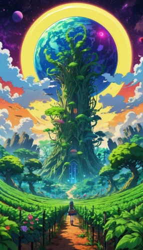 mushroom landscape,mushroom island,yggdrasil,majora,tree mushroom,earthbound,cartoon video game background,colorful tree of life,arbor,magic tree,windbloom,fairy world,kanto,earthward,skyterra,beautiful wallpaper,tree of life,bird kingdom,terraformer,mana,Illustration,Japanese style,Japanese Style 03