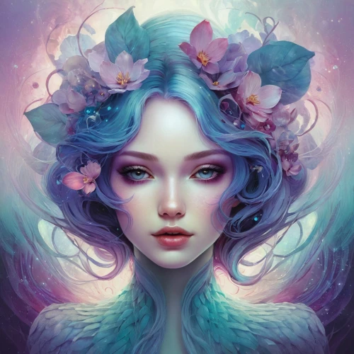 fantasy portrait,flora,mystical portrait of a girl,kommuna,flower fairy,magnolia,lilac blossom,persephone,gardenias,faerie,elven flower,mermaid vectors,fairy peacock,diwata,faery,medusa,fairie,girl in flowers,magnolia blossom,naiad,Illustration,Realistic Fantasy,Realistic Fantasy 15