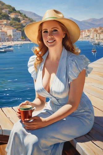 woman drinking coffee,woman at cafe,woman with ice-cream,donsky,girl on the boat,italian painter,gondolier,symi,café au lait,girl with cereal bowl,yachtswoman,nestruev,oil painting,catalina,girl on the river,art painting,mediterranee,pittura,french coffee,cappucino,Illustration,Japanese style,Japanese Style 19