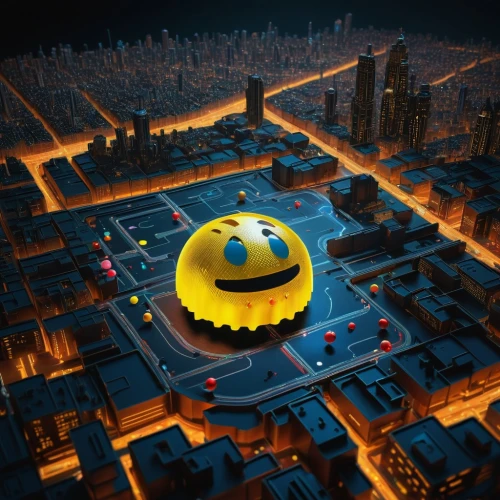 cinema 4d,popmart,pacman,cybercity,technodrome,lotusphere,cybertown,3d render,megacorporation,heliports,skycar,metropolis,fantasy city,helipad,roof domes,megapolis,airship,megacorporations,dubailand,ufo,Illustration,Realistic Fantasy,Realistic Fantasy 16