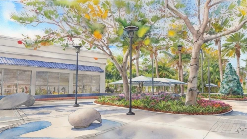 renderings,walt disney center,macerich,dadeland,northpark,imagineering,watercolor palm trees,wintergarden,central park mall,beverly hills,fidm,luxehills,innoventions,encino,shopping center,watercolor shops,mizner,woodfield,mco,malls,Landscape,Landscape design,Landscape Plan,Watercolor