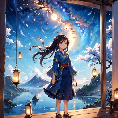 tanabata,longmei,umi,starry sky,eiko,kanan,tianyi,moon and star background,oneko,katara,starry night,tsugumi,yuanji,aihua,rinko,night sky,xuanze,cielo,kimono fabric,lein,Anime,Anime,Realistic
