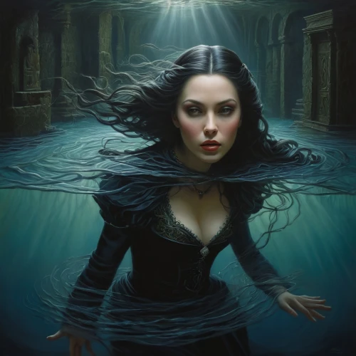 fathom,under the water,submerged,siren,the sea maid,gothic woman,sirenia,underwater,gothic portrait,tour to the sirens,underwater background,drusilla,water nymph,evanescence,fantasy picture,amphitrite,undercurrent,the enchantress,sorceress,submersion,Illustration,Realistic Fantasy,Realistic Fantasy 22
