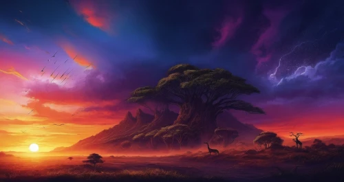 fantasy landscape,mushroom landscape,dragon tree,volcanic landscape,fantasy picture,lone tree,baobabs,purple landscape,landscape background,colorful tree of life,isolated tree,magic tree,tree of life,an island far away landscape,mushroom island,lonetree,badland,burning tree trunk,alien planet,azeroth,Illustration,Realistic Fantasy,Realistic Fantasy 25