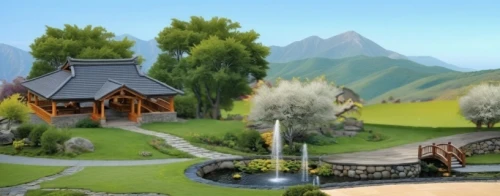 alpine village,mountain village,landscape background,mountain scene,korean folk village,3d rendering,miniland,golf course background,ecovillages,mountain settlement,nativity village,home landscape,model railway,henryville,riftwar,miniature house,village scene,golf resort,beleriand,alpine pastures