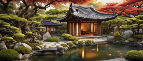 asian architecture,japanese garden,japanese garden ornament,teahouse,world digital painting,japanese-style room,japan garden,japanese art,japon,koi pond,japan landscape,zen garden,heian,oriental painting,japanese shrine,japanese zen garden,oriental,japanese background,home landscape,landscape background,Conceptual Art,Daily,Daily 24