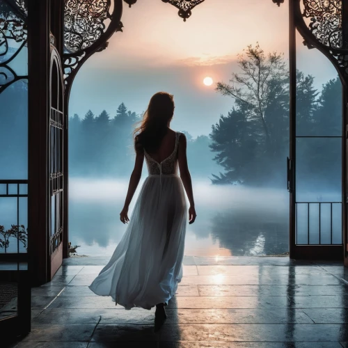 woman silhouette,nightdress,bergersen,fantasy picture,celtic woman,house silhouette,evening atmosphere,melian,twilight,fairy tale,enchantment,fairytale,the threshold of the house,enchanted,daybreak,romantic look,dreamfall,dawning,a fairy tale,ballroom dance silhouette,Photography,General,Realistic