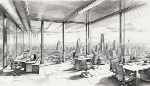 schuitema,office line art,modern office,schuiten,oscorp,penciling,offices,study room,working space,workspaces,arcology,workstations,skyscraping,sci fiction illustration,office buildings,consulting room,pencilling,workspace,crittall,manufactory,Illustration,Black and White,Black and White 30