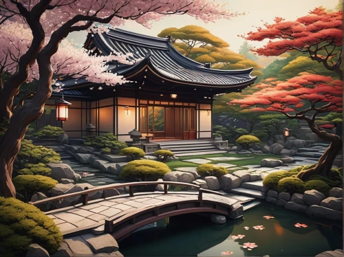 japanese-style room,japanese art,japan landscape,teahouse,japon,japanese shrine,ryokan,japanese garden,japan garden,kyoto,japanese sakura background,japanese garden ornament,asian architecture,japanese background,heian,koi pond,world digital painting,ryokans,japanese floral background,japanese zen garden,Conceptual Art,Fantasy,Fantasy 32