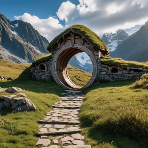 hobbit,portals,ithilien,waterwheels,earthship,gondolin,futuristic landscape,hobbiton,fantasy landscape,water wheel,round hut,wall tunnel,semi circle arch,wishing well,winding steps,stereocenter,landscape background,stargates,home landscape,erebor,Photography,General,Realistic