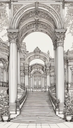 cochere,proscenium,marble palace,columns,neoclassical,colonnades,archways,pillars,archly,entranceways,entablature,celsus library,piranesi,backgrounds,colonnade,palaces,neoclassic,bernini's colonnade,palladian,background design,Illustration,Black and White,Black and White 05