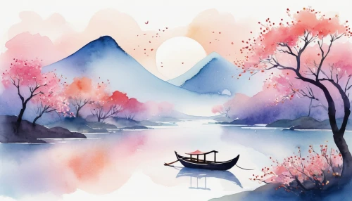 boat landscape,watercolor background,autumn scenery,autumn landscape,landscape background,autumn idyll,autumn background,japan landscape,fall landscape,tranquility,canoeing,river landscape,autumn mountains,calm water,serenity,shaoming,canoed,mountainlake,water colors,dragon boat,Illustration,Paper based,Paper Based 07