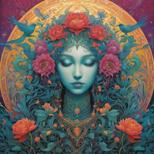 baoshun,flora,yogananda,duenas,cosmic flower,mantra om,beltane,samsara,pachamama,moonflower,leota,siddharta,persephone,oracular,oshun,wreath of flowers,fantasy portrait,ostara,boho art,diwata,Illustration,Realistic Fantasy,Realistic Fantasy 05