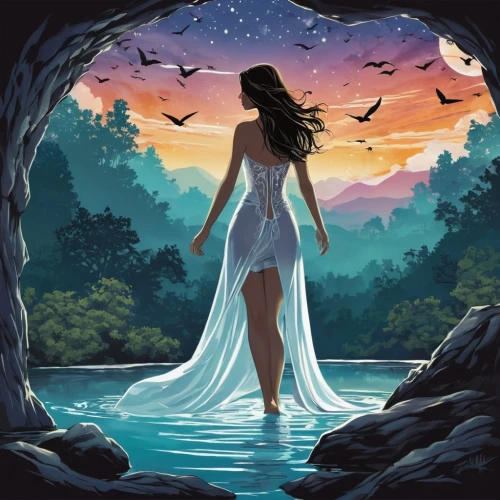 fantasy picture,enchanted,mermaid silhouette,faerie,mermaid background,the night of kupala,celtic woman,amphitrite,fairytales,fairytale,fantasy art,dreamscapes,world digital painting,fairy tale,wonderlands,dreamtime,enchantment,faires,melian,nightdress,Unique,Design,Sticker