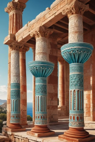 doric columns,pillar capitals,leptis,roman columns,pillars,palace of knossos,celsus library,knossos,columns,greek temple,colonnades,house with caryatids,minoans,three pillars,temple of poseidon,caryatids,palatals,peristyle,sabratha,ephesus,Illustration,Paper based,Paper Based 27